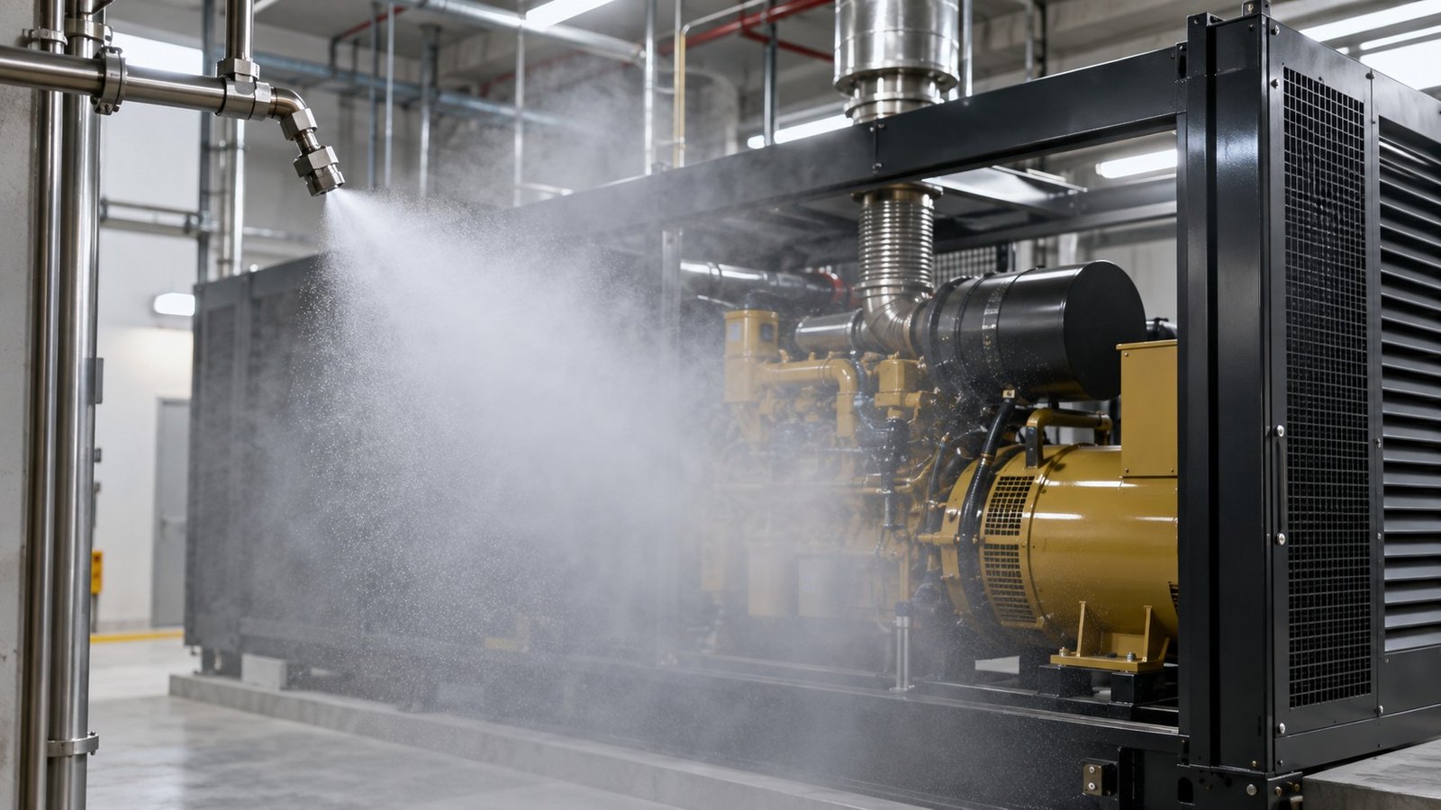 High pressure water mist nozzle discharging fine mist over a diesel generator enclosure in a UAE plant room
