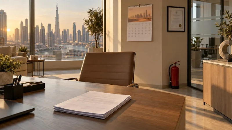 Dubai office calendar, compliance certificate and extinguisher illustrating fire safety certificate expiry
