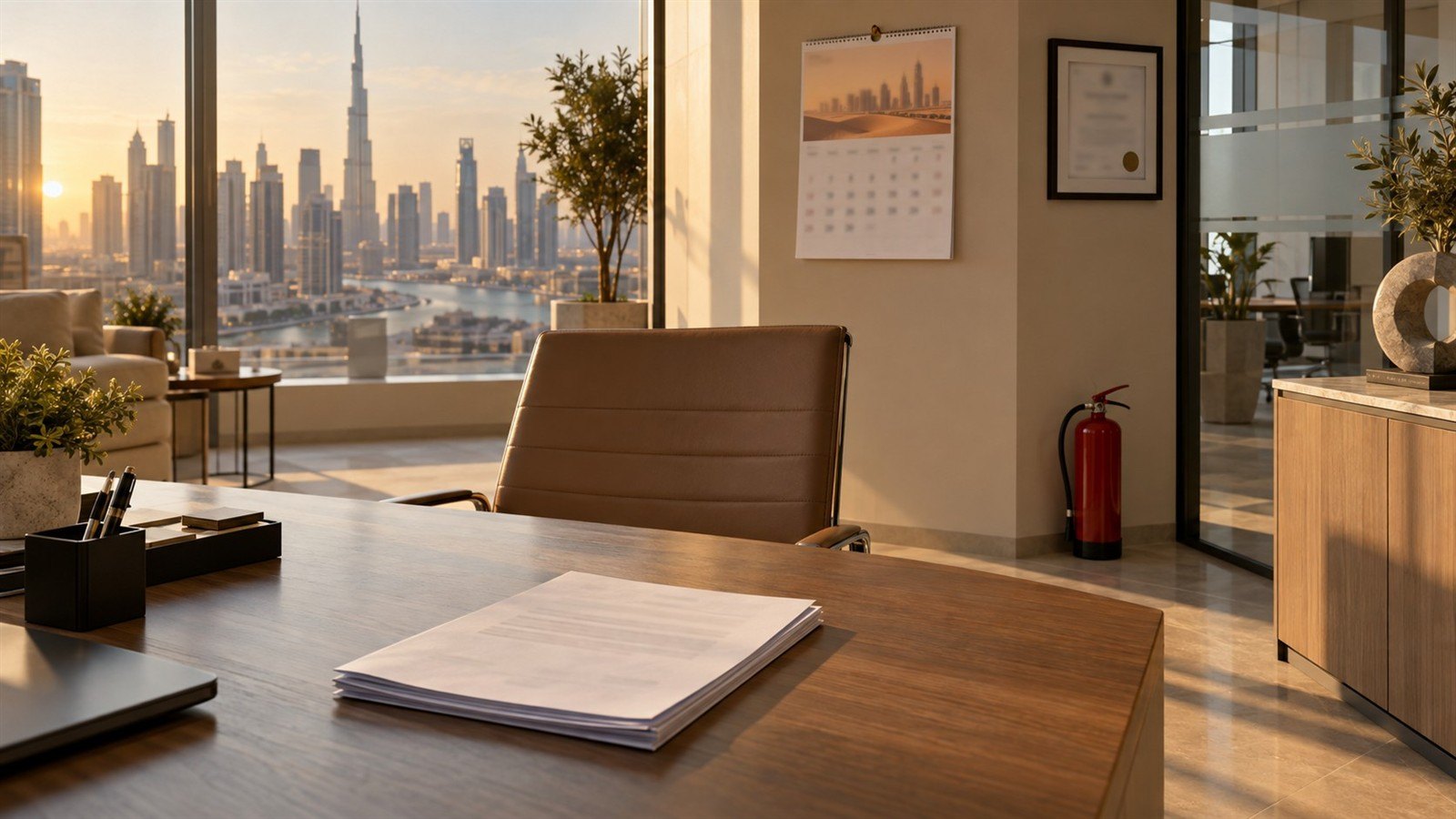 Dubai office calendar, compliance certificate and extinguisher illustrating fire safety certificate expiry