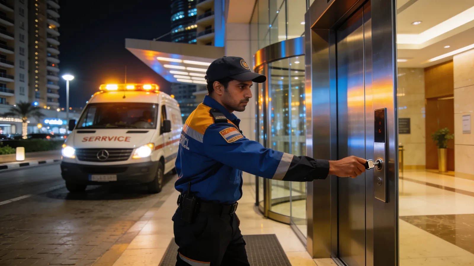 24/7 emergency elevator breakdown response at a Dubai residential tower