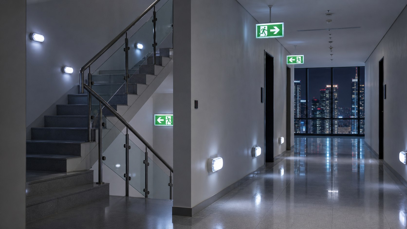 Emergency exit lights and escape route lighting in Dubai commercial building