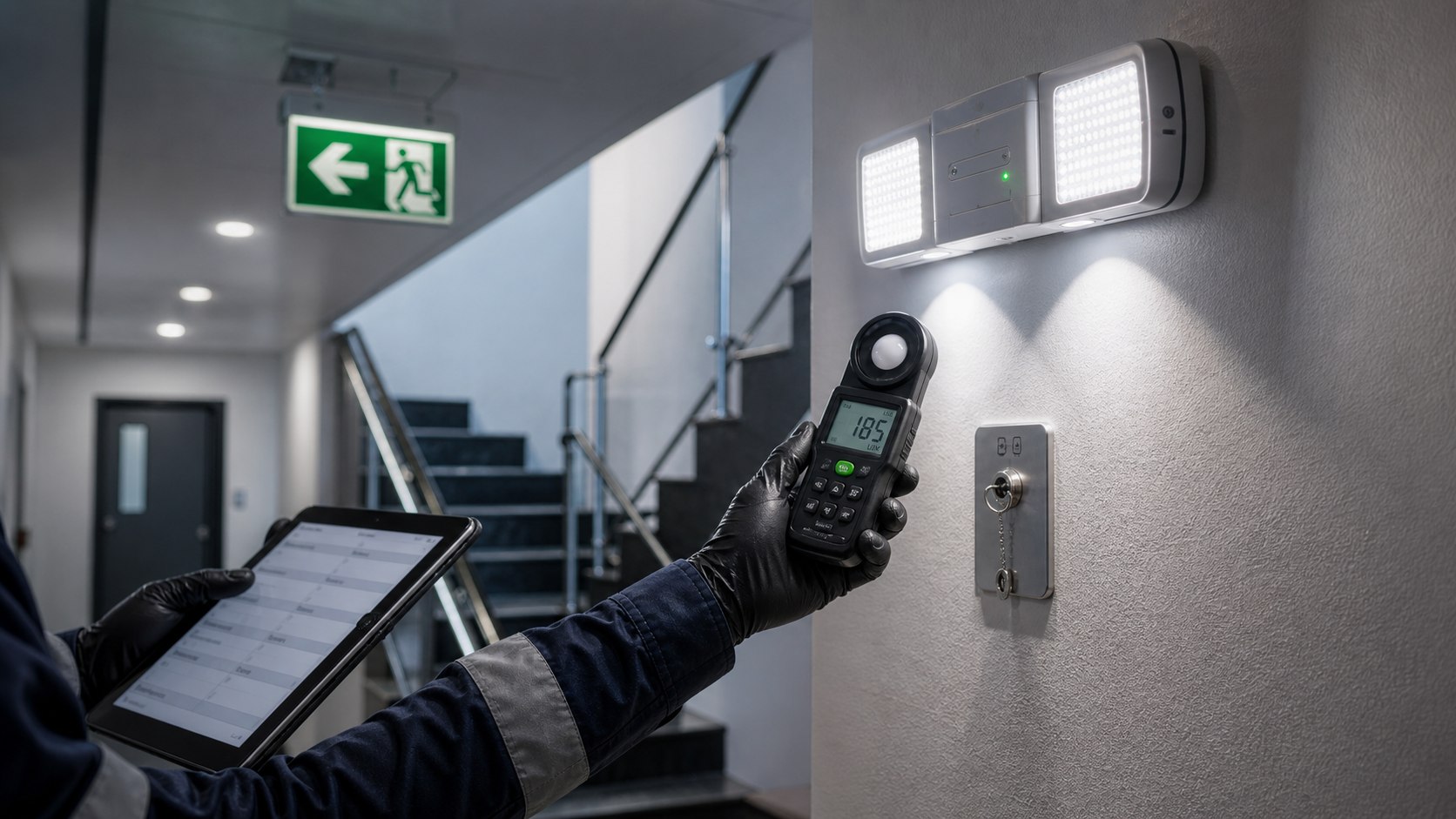 Emergency lighting testing Dubai with illuminated exit signs and corridor lights