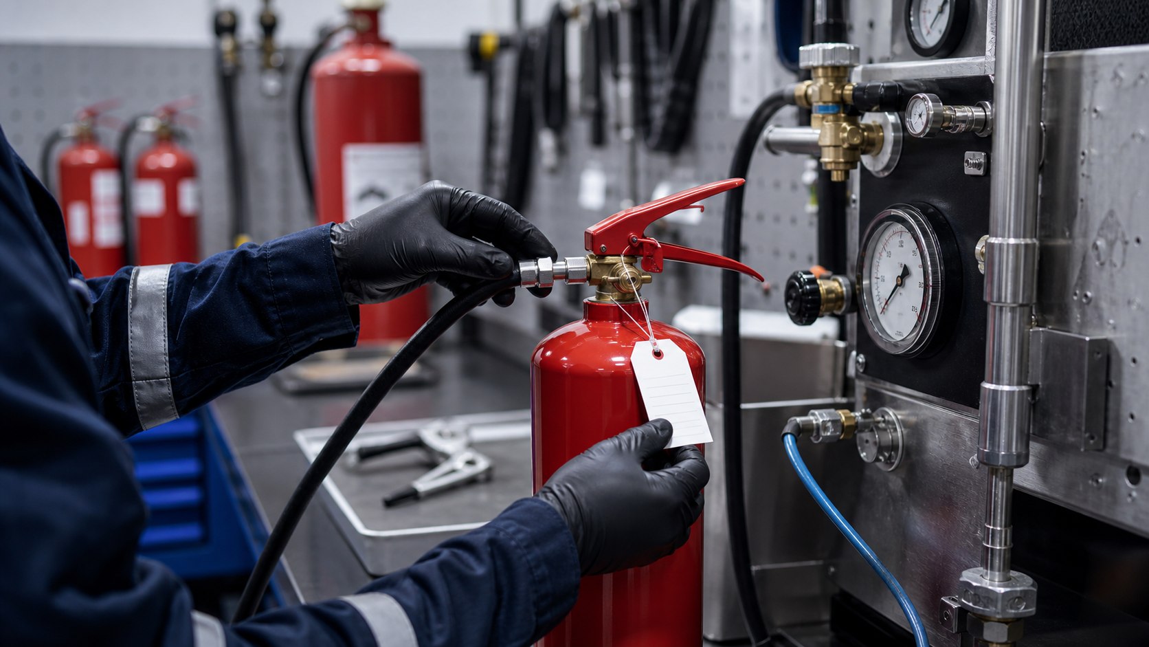 Fire extinguisher refilling Dubai workshop with pressure gauges and service bench
