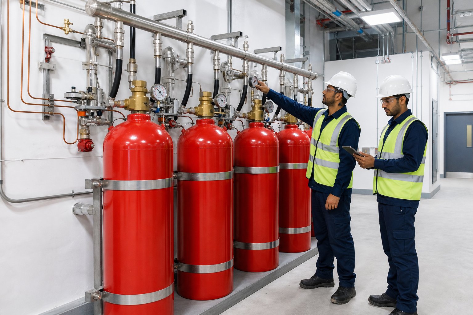 FM200 installation and commissioning Dubai cylinder bank inspection