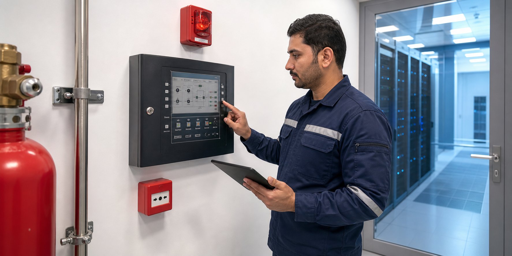 FM200 maintenance testing Dubai control panel and abort station