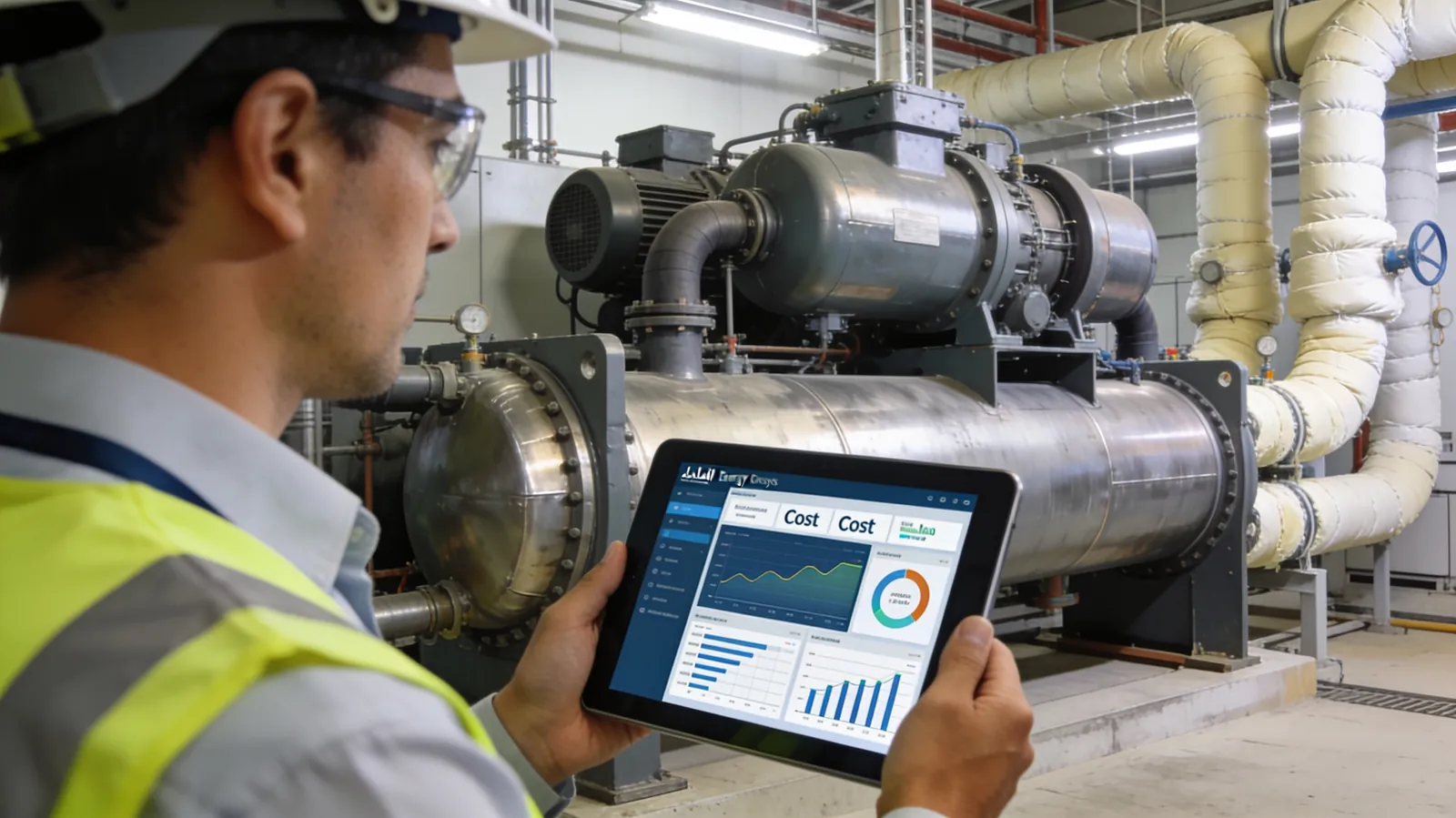 Reviewing HVAC AMC costs and energy dashboard in a Dubai plant room