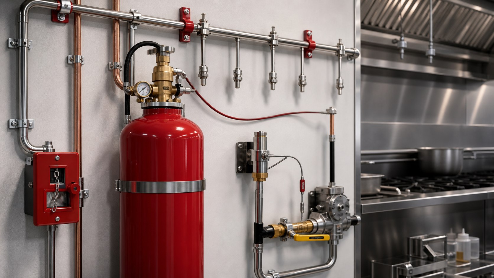 Commercial kitchen gas shutoff and wet chemical fire suppression piping