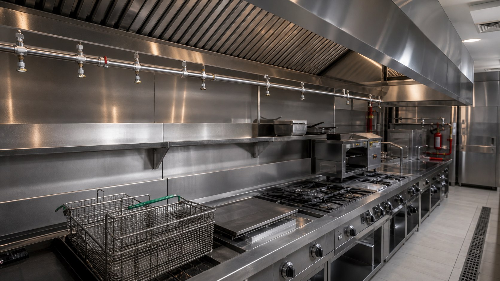 Wet chemical kitchen fire suppression nozzles under a commercial hood in Dubai