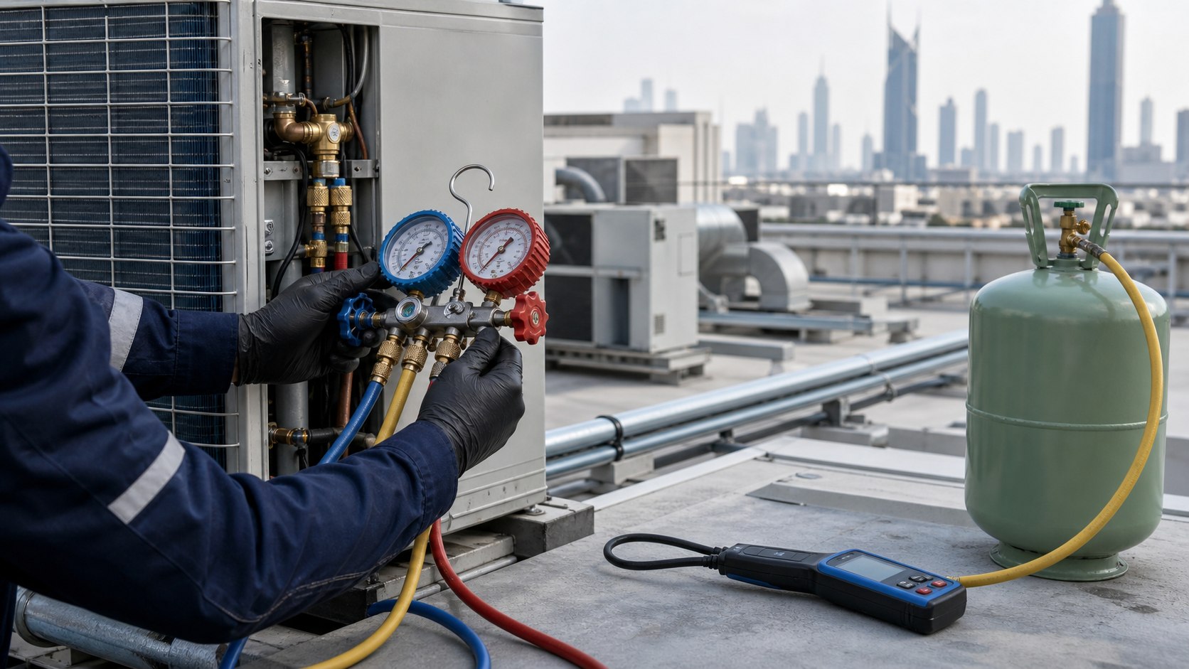 AC refrigerant gas top-up Dubai with manifold gauges and service cylinders