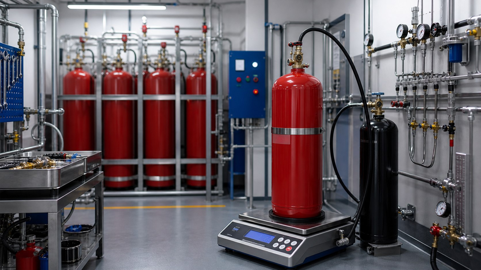 FM200 and CO2 cylinder refilling Dubai with pressure gauges and manifolds