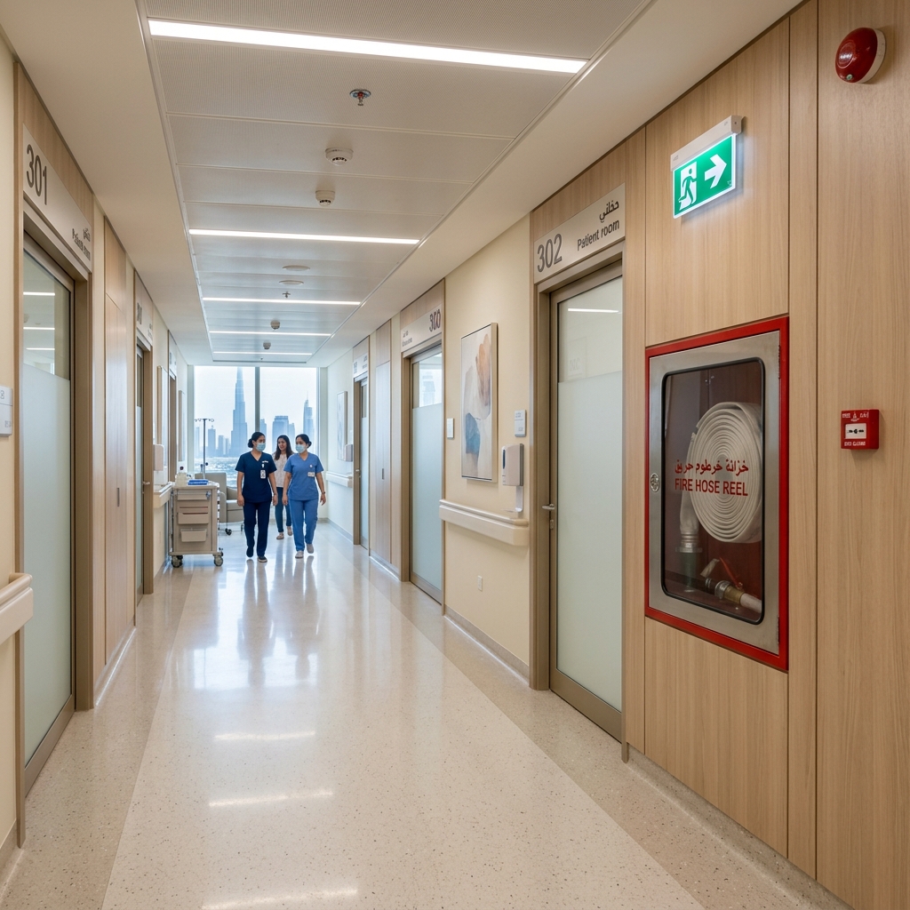 Fire safety and alarm monitoring system inspection at a Dubai hospital